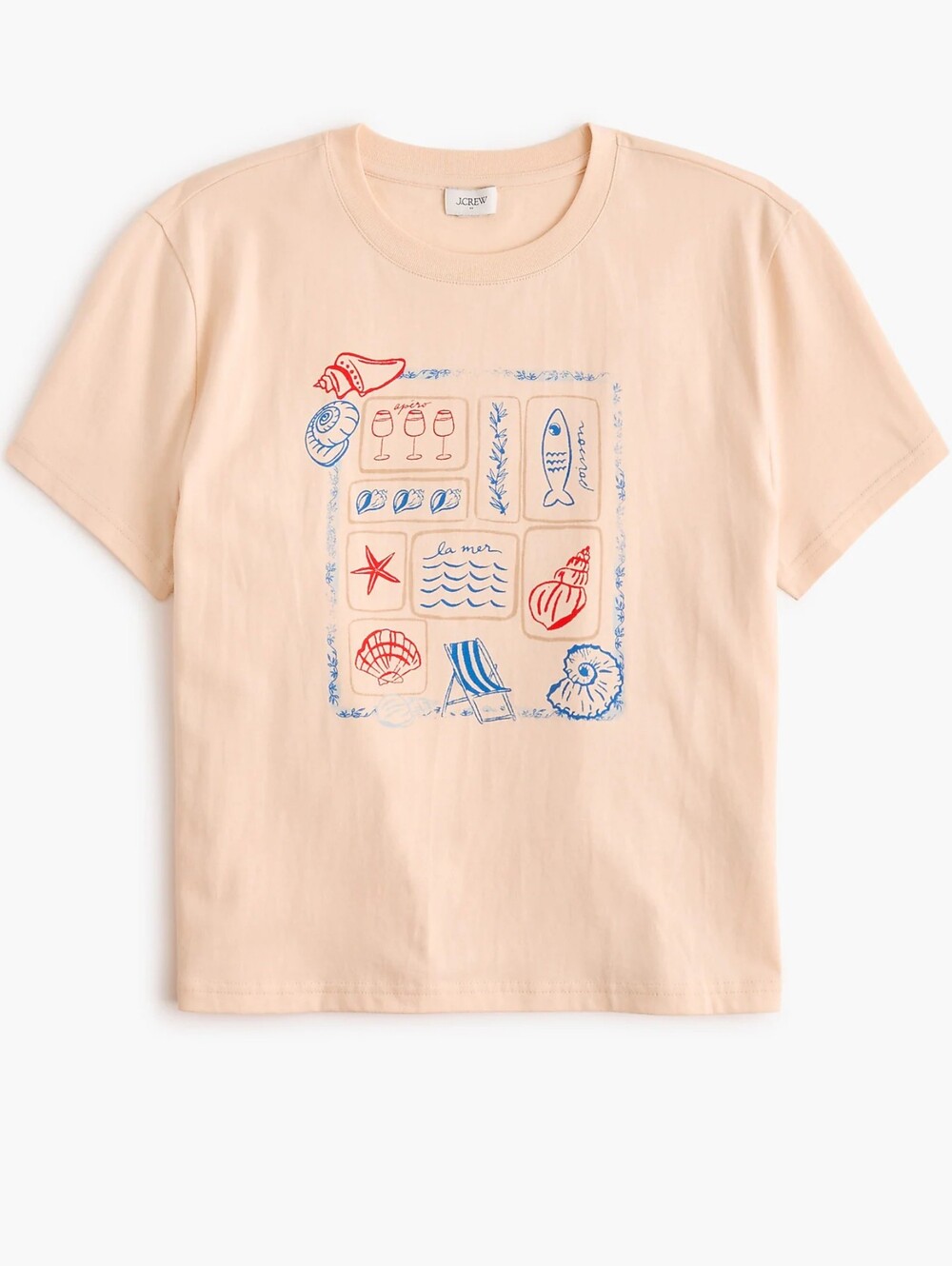 J. Crew Peach Short-Sleeve Tee with Red & Blue Beach Motif